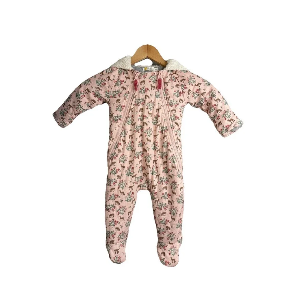 Mini Baby Boden Girls 6-12 Months Cozy  Piece Snow Suit Bunting Pink Deer Fawn